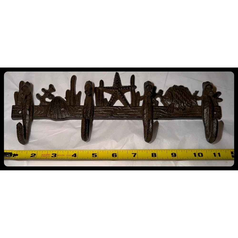 Cast Iron Sea Life Wall Hook Rack Brown Nautical Coastal Decor Heavy